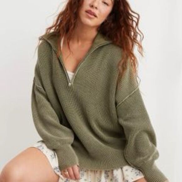 Aerie Beyond 1/2 Zip Knit Oversized Pullover Sweater Size Large EUC - Picture 1 of 9